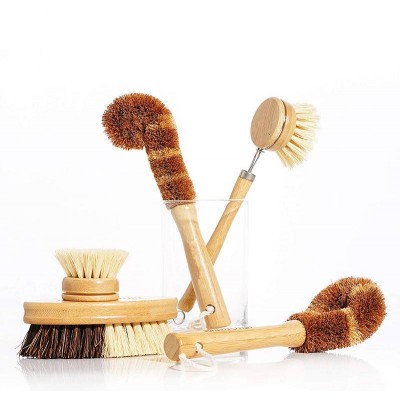 Natural Wood Bamboo Handle Dish Brush Kitchen Cleaning Vegetable Sisal Dish Brush Set